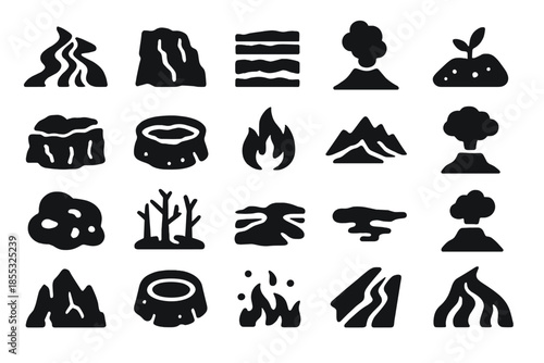 Volcanic Solid Icons. Solid style icons of Volcanic landscape: lava river, rocky cliff, ash layer, steam plume, black sand,
