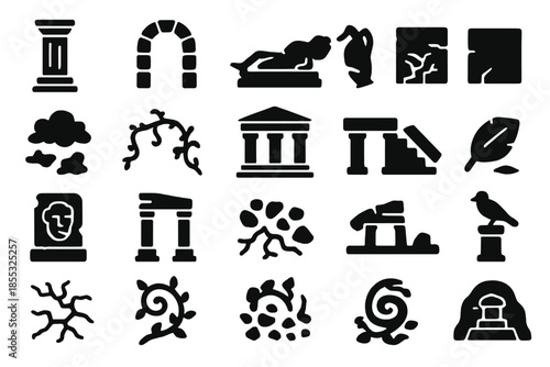 Ancient Ruins Icons. Solid style icons of Ancient Ruins: crumbled pillar, stone arch, fallen statue, broken vase, cracked wall,