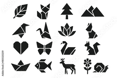 Paper Craft Icons. Solid style icons of Paper Craft Nature: folded leaf, paper fox, origami tree, folded mountain, paper bird,