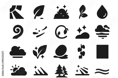 Nature's Light Icons. Solid style icons of Nature and Light Harmony: sunbeam, leaf shadow, moss glow, dew drop, fern curl,