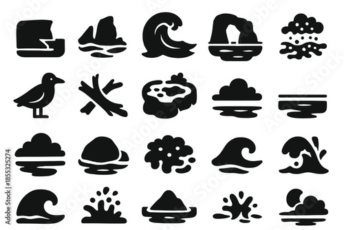 Coastal Icons Collection. Solid style icons of Coastal Landscape: cliff edge, rocky shore, crashing wave, sea arch, foam trail,