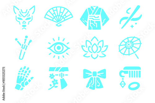 Neon Cyber Geisha Icons. Solid style icons of Cyber Geisha: neon mask, glowing fan, digital kimono, light ribbon, cyber hairpin,