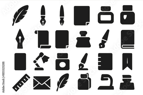 Writing Instruments Icons. Solid style icons of Writing Instruments: quill pen, fountain pen, dip pen, calligraphy brush, ink