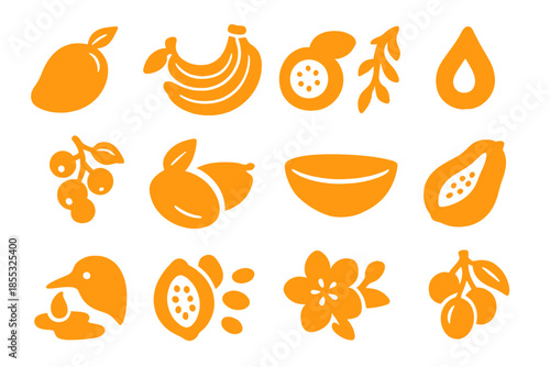 Tropical Fruit Icons. Solid style icons of Tropical Fruit Abundance: ripe mango, banana bunch, guava, papaya slice, jungle berry,