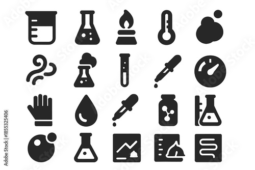 Kitchen Chemistry Icons. Solid style icons of Kitchen Chemistry: beaker cup, test tube, burner flame, reaction bubble, vapor swirl