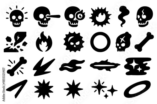 Skull Laser Icons. Solid style icons of Skull Laser: glowing skull, laser beam, burning eye, energy pulse, smoke trail, shattered