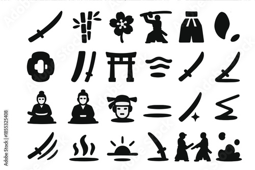 Samurai Duel Icon. Solid style icons of Samurai Duel: katana blade, bamboo grove, cherry blossom, warrior stance, hakama fold,