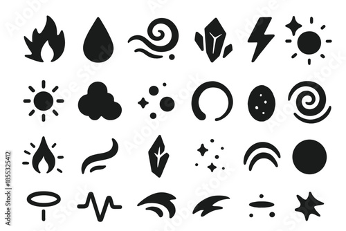 Magical Elements Icons. Solid style icons of Magical Elements: fire spark, water droplet, air swirl, earth shard, lightning bolt,