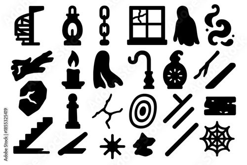 Eerie Lighthouse Interior. Solid style icons of Haunted Lighthouse Interior: spiral staircase, glowing lamp, cracked window,