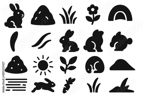 Fluffy Rabbit Scene. Solid style icons of Field Haystack Rabbit: fluffy rabbit, haystack mound, grass patch, flower sprig, burrow