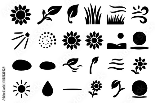 Sunflower Meadow Breeze. Solid style icons of Sunflower Meadow Breeze: sunflower bloom, waving stem, leaf curl, meadow grass,