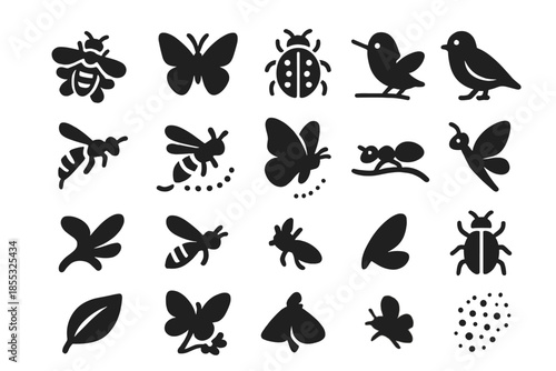 Insect Nature Icons. Solid style icons of Insect and Wildlife Details: bee on flower, butterfly flutter, ladybug, grasshopper,