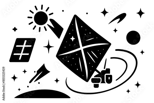 Solar Wind Sail. Solid style icons of Solar Wind Sail: spacecraft sail, solar panel, glowing sun, energy beam, light pressure,