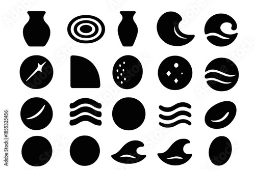 Ceramic Tide Icons. Solid style icons of Ceramic Tide Gossamer: delicate ceramic vase, flowing water ripple, translucent porcelain