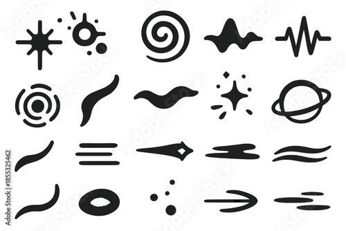 Mystical Energy Icons. Solid style icons of Mystical Energy Flow: radiant beam, glowing particle, spiral arc, pulse line, energy