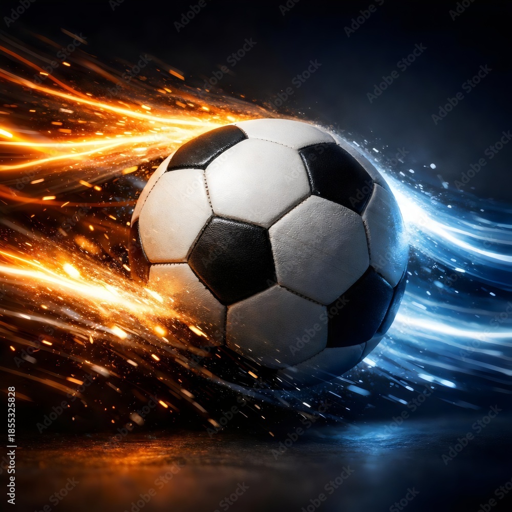 Naklejka premium High-Speed Soccer Ball with Fire and Ice Energy Trails