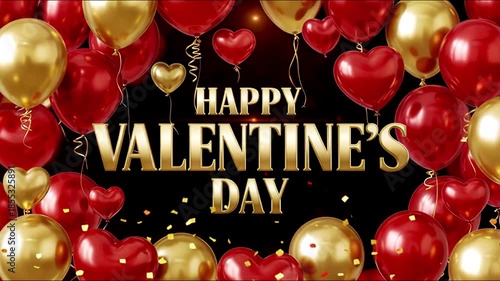 Valentine's Day Balloon Blast | Bold Gold Text, Heart Balloons, Confetti & Black Background | Romantic Festive Celebration Visuals