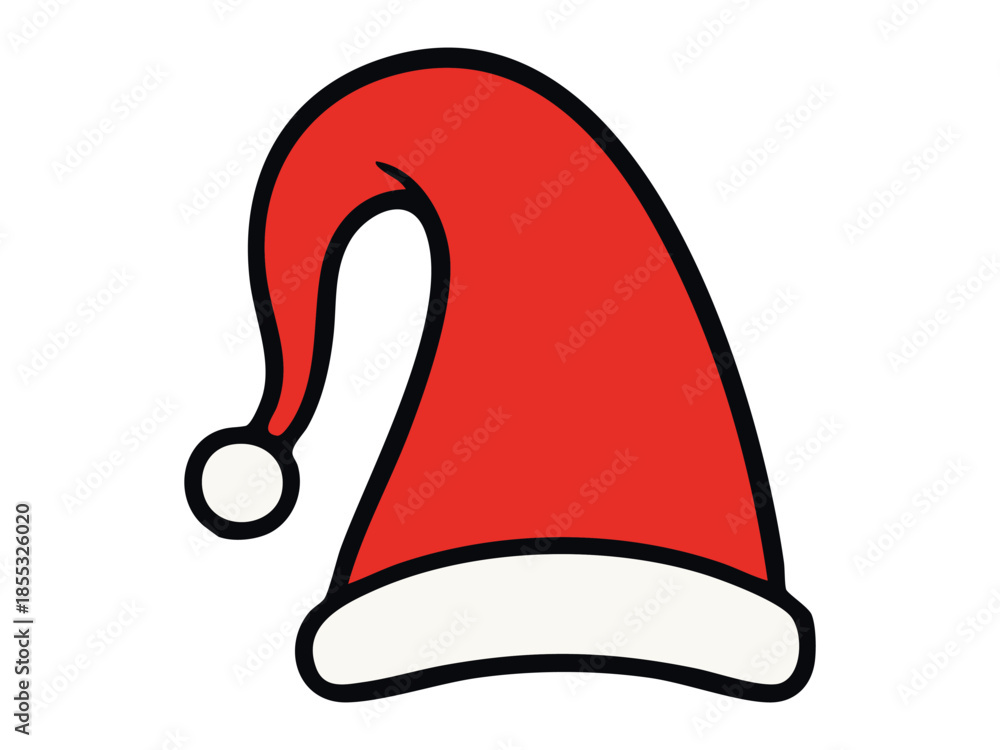 Fototapeta premium Red santa hat illustration with black outline, festive holiday wear, christmas decor concept for seasonal celebrations, isolated on white background, ideal for winter festivity icons