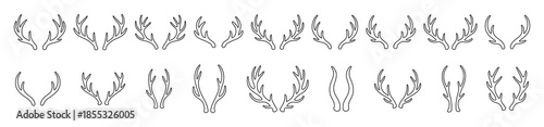 Set of different antler designs in black outline isolated on white background. concept of icon, logo, wildlife, nature, decoration, rustic art, design element.