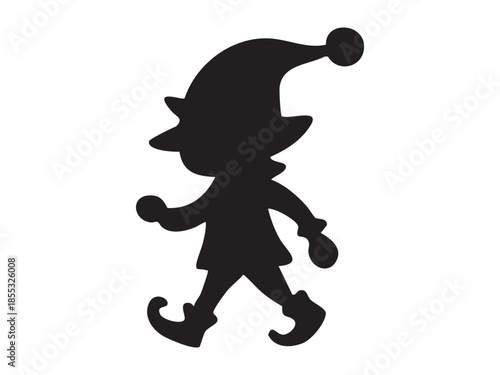 Black silhouette of whimsical elf walking, isolated on white background. concept of christmas, holiday spirit, festive character, santa's helper, holiday decor, fairy tale.