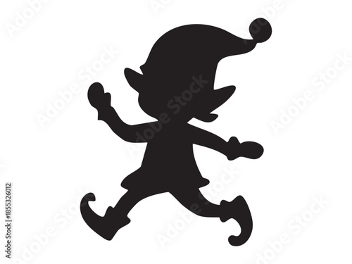 Silhouette of running Christmas elf character in festive hat, isolated on white background. Concept of holiday gnome, fantasy helper, winter fairy tale element for decor and design