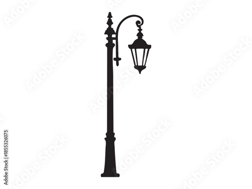 Silhouette of elegant vintage street lamp with decorative details, isolated on white background. concept of street light, classic lantern, urban decor, design element