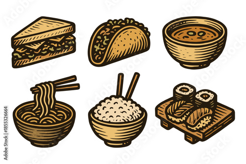 Hand drawn food icons: sandwich, taco, soup, ramen, rice, sushi on wooden tray