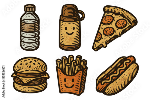 Cute vintage style fast food icons: pizza, burger, hot dog, and more