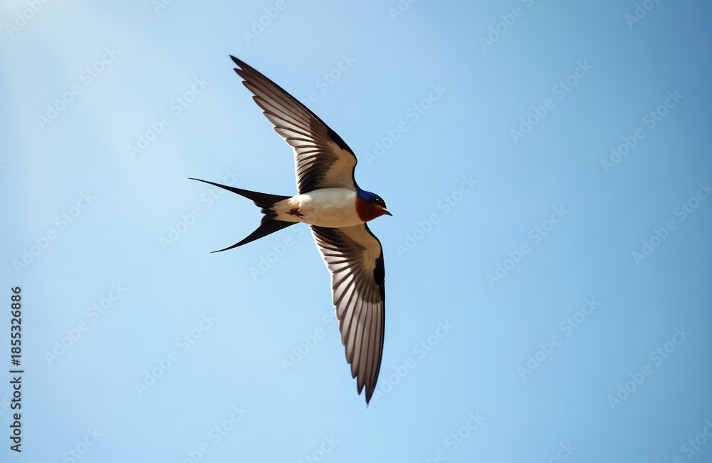 Obraz premium Barn swallow bird flies with spread wings against blue sky. Small wild animal in natural habitat, swift motion, aerodynamic form, graceful flight.