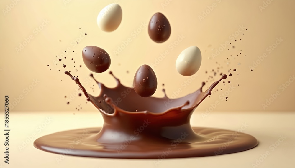 Obraz premium Chocolate Easter eggs fall into rich liquid cocoa forming splash. Dark and white eggs fly mid air over smooth brown fluid surface, sweet festive dessert.