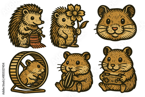 Cute animal cartoon collection: hedgehogs and hamsters with toys and flowers