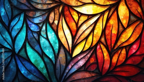 Colorful abstract stained glass pattern. Floral or leaf design with swirling shapes in blue, green, orange, red, and yellow tones. Modern art with light effects and textures.