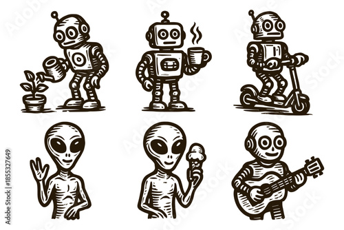 Retro robots and aliens engaged in everyday activities