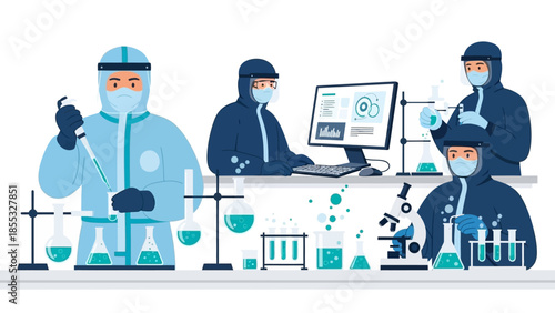 Scientists in protective gear conducting experiments in a laboratory