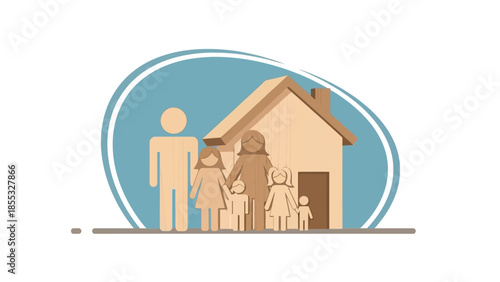 Wooden family figures with house on blue background for modern design
