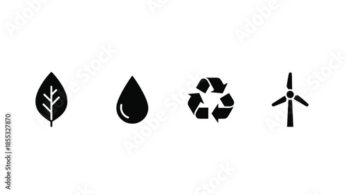Simple icons representing nature, water, recycling, and renewable energy.