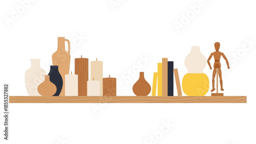 Modern home decor with minimalist vases and candles on wooden shelf