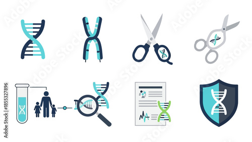 Genetic research icons: dna tests, analysis tools, and laboratory