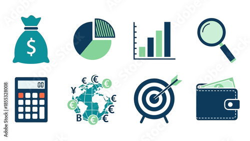 Finance and data icons: flat style for business and analytics