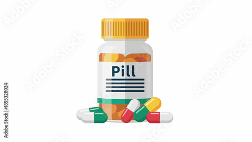 Colorful medicine bottle with capsules and pills on white background