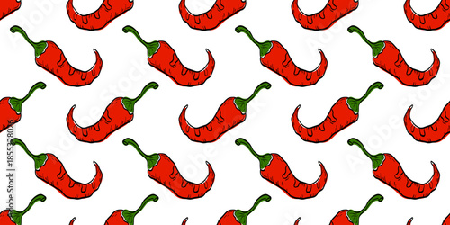 Spicy red chili pepper seamless pattern. Hot paprika for menus, food packaging, hot sauce labels, and spicy recipe designs
