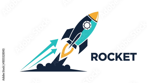 Rocket taking off with trail of arrows in retro flat design