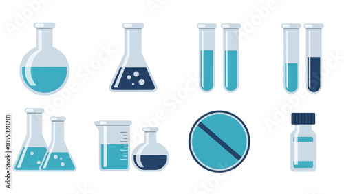 Laboratory glassware icons featuring test tubes and flasks in flat