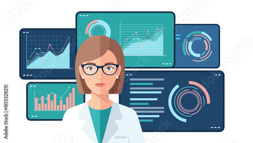 Data analyst woman with graphs on computer screens in modern workspace