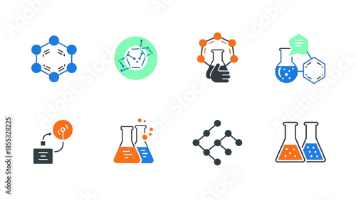 Chemistry icons set featuring beakers and molecules in colorful modern