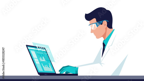Scientist analyzing data on laptop with futuristic interface in flat