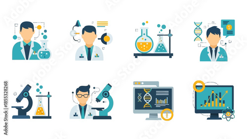 Flat style scientists and laboratory equipment for scientific research