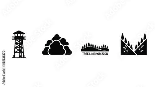 Collection of simple black vector icons representing nature and observation.