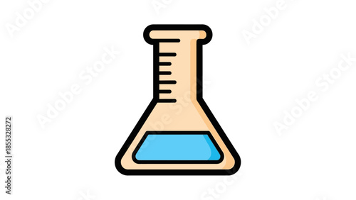 Cartoon laboratory flask with liquid inside on white background