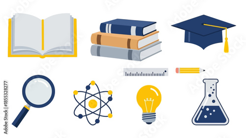 Educational icons set with books, graduation cap, and science tools in